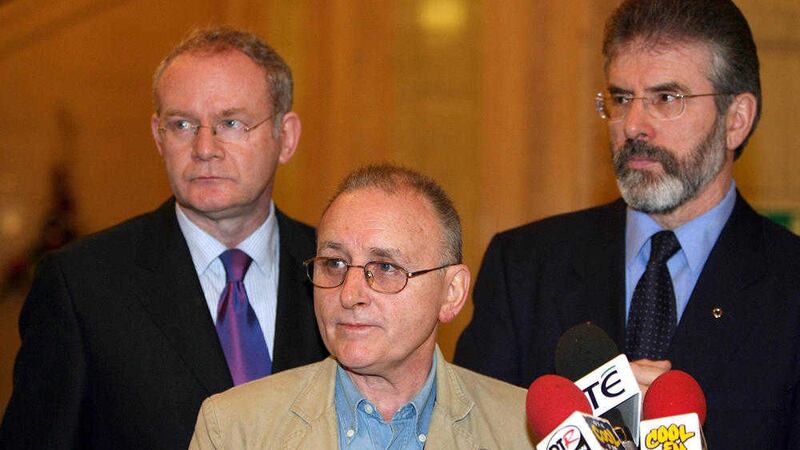 Sinn F&eacute;in leaders Martin McGuinness and Gerry Adams with Denis Donaldson at Stormont