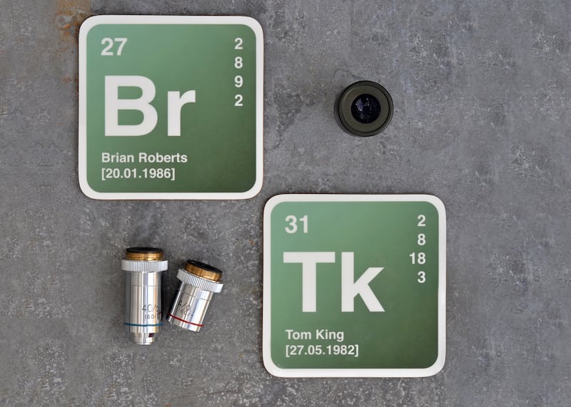 Personalised periodic table coaster.