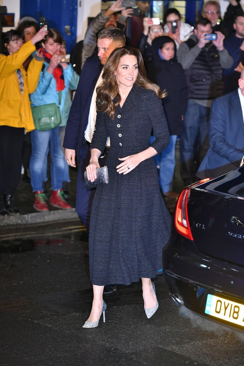 The Duchess of Cambridge arrives at the Noel Coward Theatre in London to attend a special performance of Dear Evan Hansen 