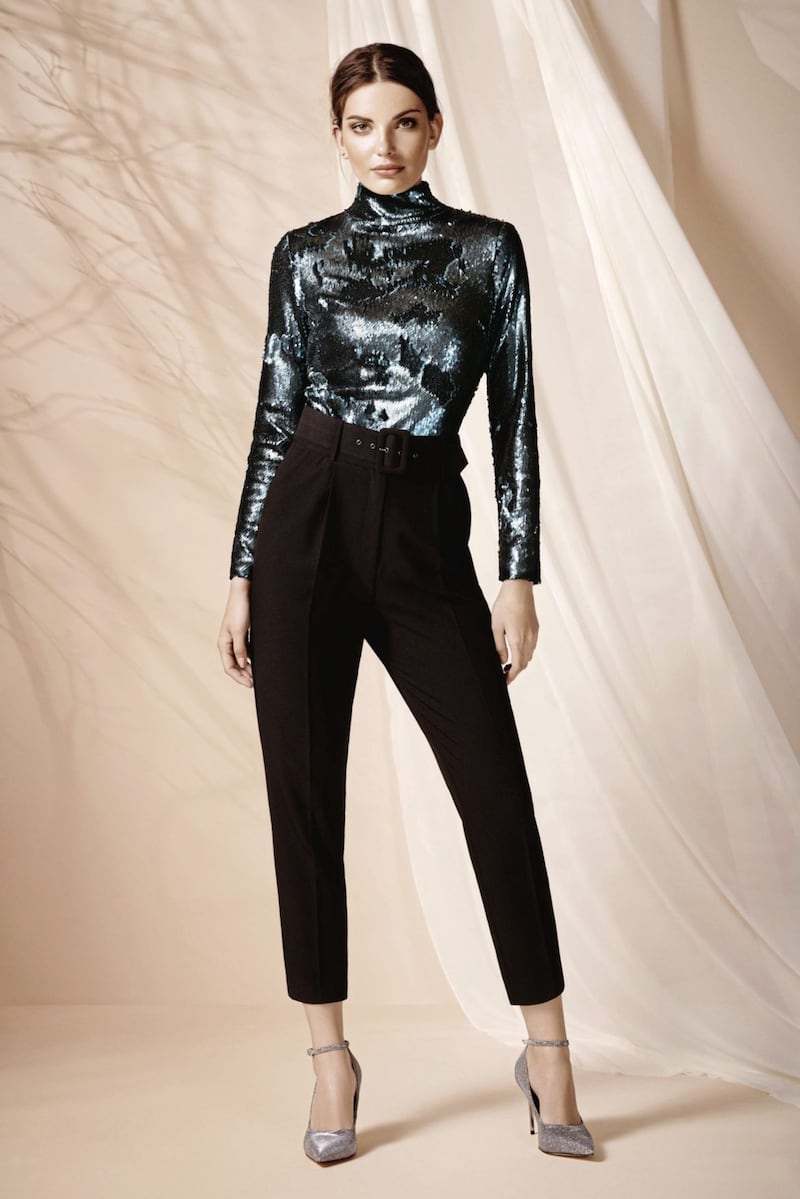Wallis Green Sequin High Neck Top, &pound;50; Black Belted Tapered Trousers, &pound;35; Glitter Pointed Court Shoes, &pound;45, all Wallis 