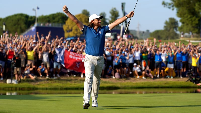 Team Europe’s Tommy Fleetwood celebrates in Rome (David Davies/PA)