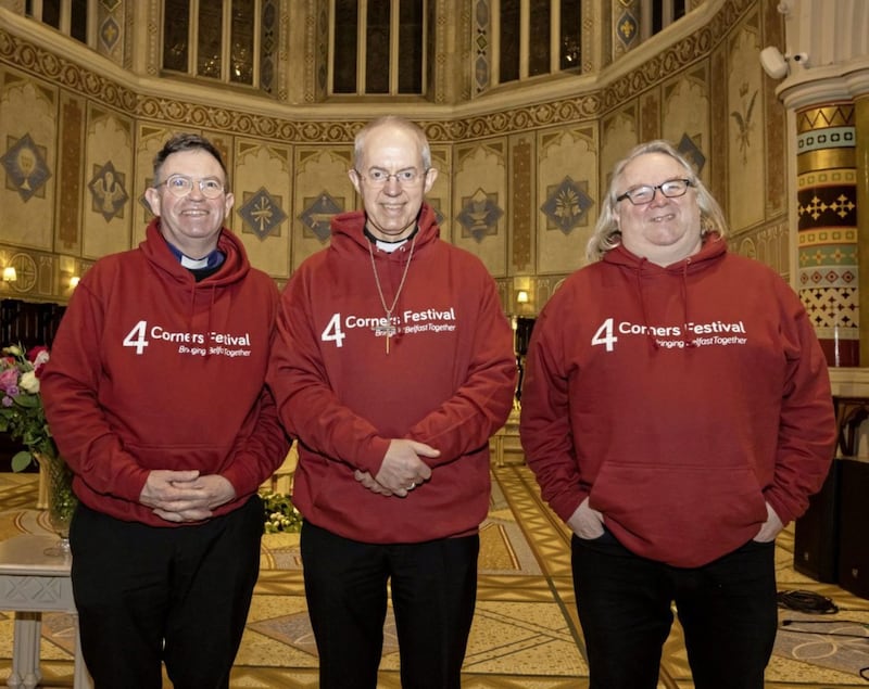 Archbishop Justin Welby with 4 Corners Festival founders Fr Martin Magill, pictured left, and Rev Steve Stockman, pictured right. The festival aims to bring together people from the different &#39;corners&#39; of Belfast and beyond who would otherwise not have met and engaged with each other. It has just celebrated its 10th anniversary. Picture by Bernie Brown. 