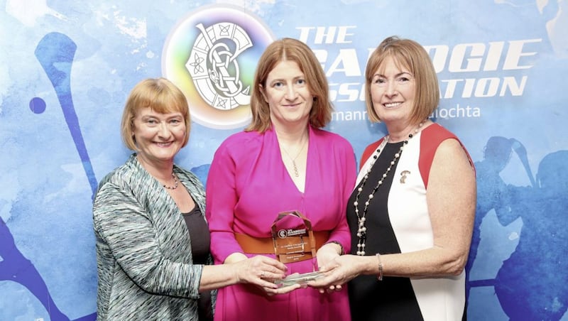 Hilda Breslin of Leinster Camogie (centre) is presented with the Mick Dunne Memorial Award for Digital Promotion with Una Dunne (left) and President of the Camogie Association Kathleen Woods at the Camogie Association Volunteer and Media Awards in Croke Park on February 15 2020. Picture by INPHO/Bryan Keane 