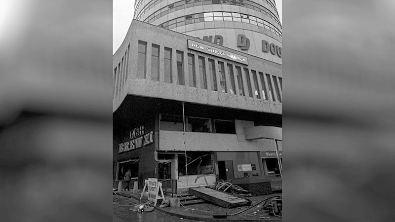 The outside of the Mulberry Bush public house and surrounding buildings in Birmingham, following the bomb attacks in 1974. Picture by Press Association 