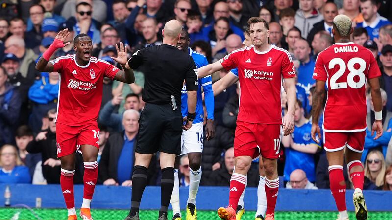Forest’s Callum Hudson-Odoi (left) appeals for a penalty at Goodison Park