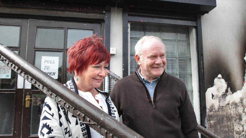 Rois&iacute;n Barton of Dove House with Martin McGuinness during a rally at the Bogside community centre in Derry on Friday after the centre was attacked again overnight. Picture: Margaret McLaughlin.  