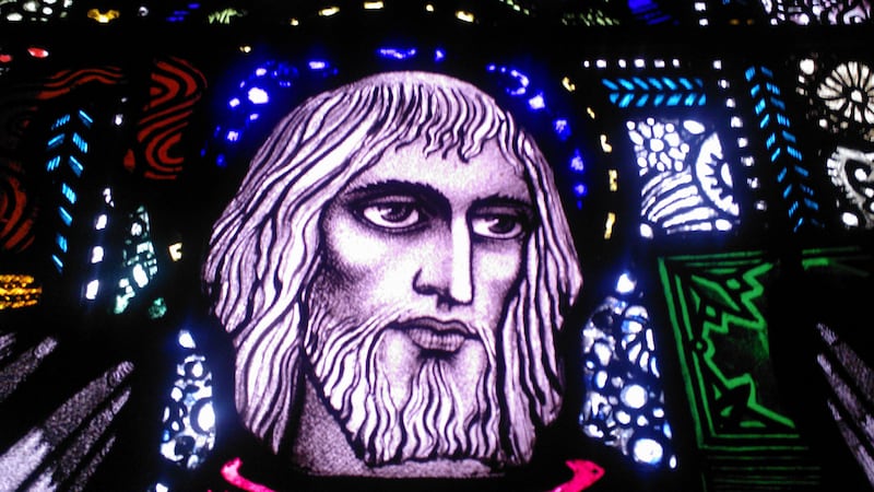 <strong><span style="font-family: Helvetica; ">COLMCILLE:</span></strong><span style="font-family: Helvetica; "> The saint is imagined here in a stained glass window by Harry Clarke in Mount St. Joseph Abbey, Roscrea.&nbsp;</span>&nbsp;