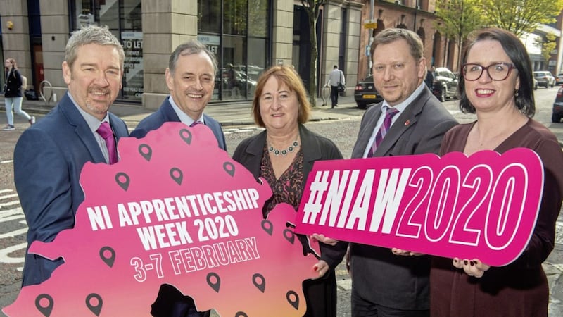 Pictured at the launch of the NI Apprenticeship Week in Belfast (L-R): Chris Corken, Belfast Met; William Greer, South Eastern Regional College; Heather Cousins, DfE; Barry Neilson, Construction Industry Training Board; and Rhonda Lynn, Mid and East Antrim Borough Council. Picture by Simon Graham 