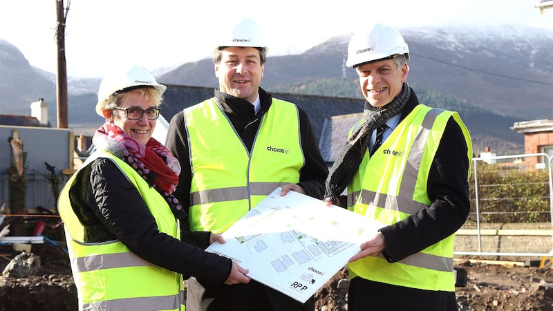 Pictured at the start of a new &pound;1.8million construction project that will deliver 16 new homes in Newcastle, Co Down are Hazel Bell, chair of Choice; Ian Snowden, director at the Department for Communities and Michael McDonnell, choice group chief executive