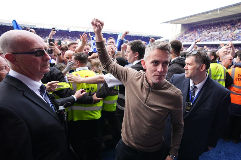 Ipswich manager Kieran McKenna (centre) celebrates his side’s promotion
