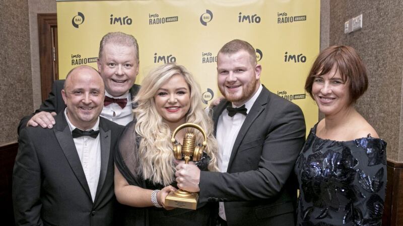 The award-winning Q Radio news team at the IMRO awards in the Lyrath Hotel, Kilkenny. Pictured are Jono Gold, Bob Huggins, Hannah Spratt, David Hunter and Eleanor McEvoy, chair of IMRO. 