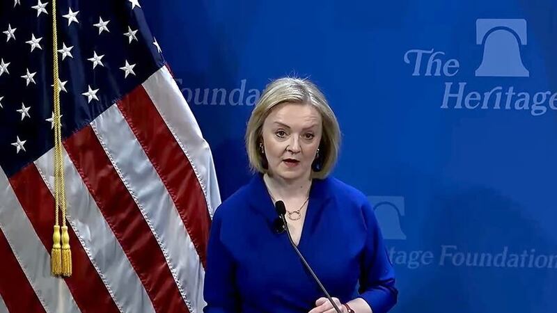 Screengrab taken from a live stream by the Heritage Foundation of former prime minister Liz Truss speaking at a lecture for the foundation in Washington DC. Issue date: Wednesday April 12, 2023.