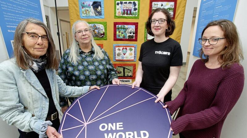 Pictured at the launch of the `Threads for Corporate Justice&#39; tapestry are Roberta Bacic and Deborah Stockdale, from Conflict Textiles, Jeanie McCann, from Trocaire and volunteer, Anita MacNabb. Picture by Mal McCann 