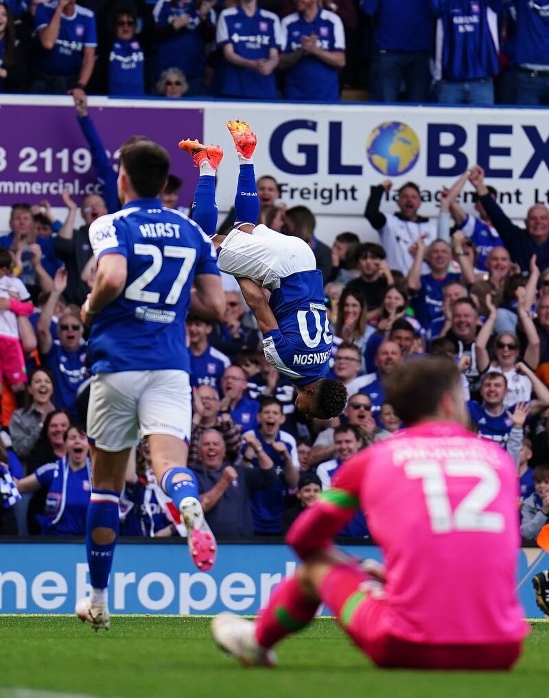 Flippin’ brilliant – Ipswich’s Omari Hutchinson celebrates scoring his side’s second goal