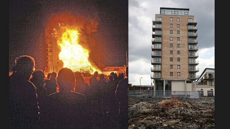 The bonfire last year which caused damage to Victoria Place flats near Sandy Row in Belfast 