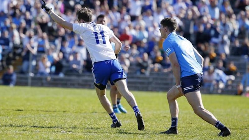 Jack McCarron celebrates his brilliant lobbed finish over Michael Shiel for Monaghan's third goal in a dramatic win over Dublin. Picture by Philip Walsh