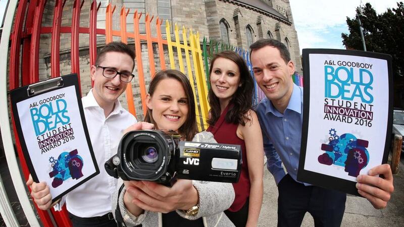 From left, David Gilmartin, Elizabeth Colvin, Aisling McDonnell and Stephen Egan at the launch of A&amp;L Goodbody&#39;s 5th annual Bold Ideas Student Innovation Award 