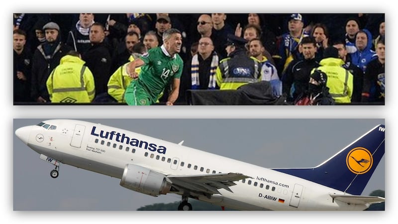 &nbsp;Jonathan Walters celebrates scoring against Bosnia to put the Republic into Euro 2016, and Lufthansa which is operating flights to France