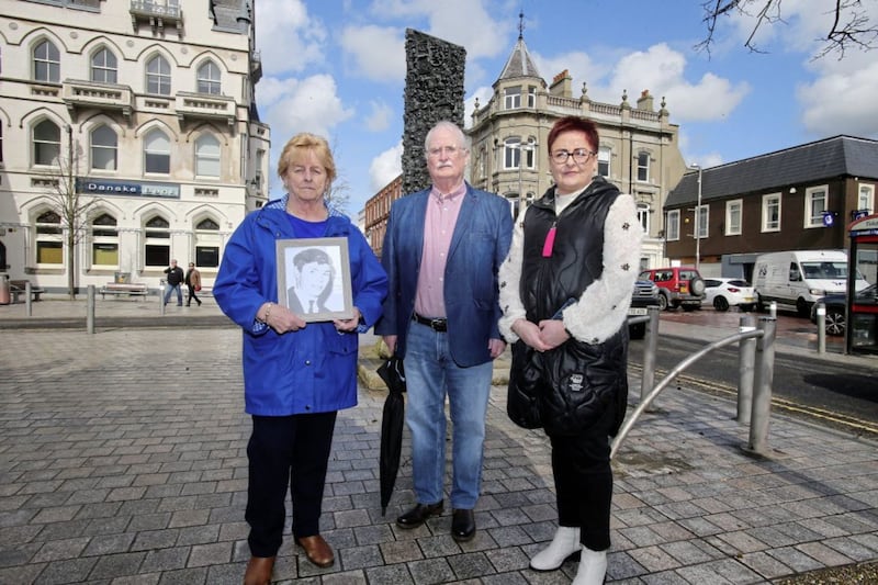 Family of Robert Anderson who was shot dead by the British Army in Newry on the 23 October 1971, Bernadyne Casey (sister of Robert Anderson) Eric Casey (Brother In Law of Robert Anderson) Michelle Osborne (Niece of Robert Anderson). Picture by Mal McCannn. 