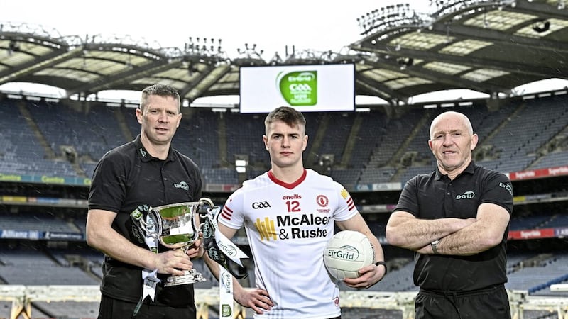In attendance at the launch of the 2023 EirGrid GAA Football U20 All-Ireland Championship at Croke Park in Dublin are, from left, Kerry U20 manager Tom&aacute;s &Oacute; S&eacute;, Tyrone U20 captain Ruair&iacute; Canavan and Tyrone U20 manager Paul Devlin. Picture: Sam Barnes/Sportsfile 