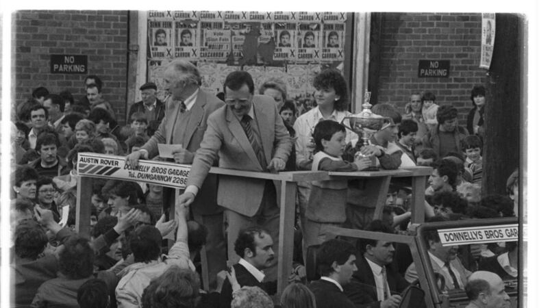Coalisland hero Dennis Taylor is mobbed by fans on his return home after winning a thrilling 1985 World Snooker Championship final 18-17 against Steve Davis&nbsp;
