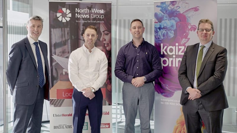 L-R: Dominic McClements (NWNG), with Martin and Connor McAuley (Kaizen), and NWNG chairman, Austin Currie. 