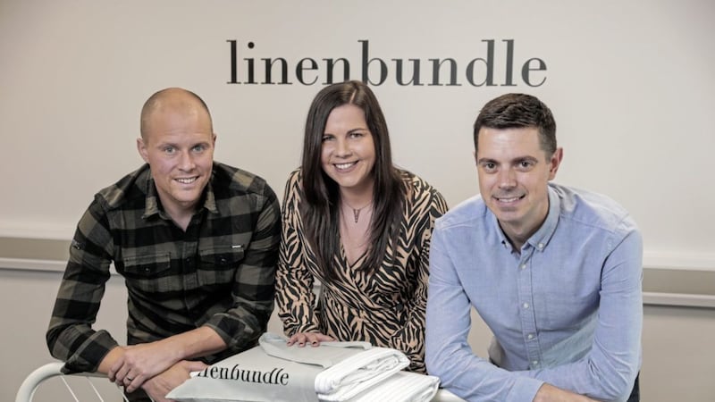 Paul Nesbitt (left) and Thomas Glackin, directors at Linen Bundle, with Jenna Mairs, senior investment manager at Whiterock Finance 