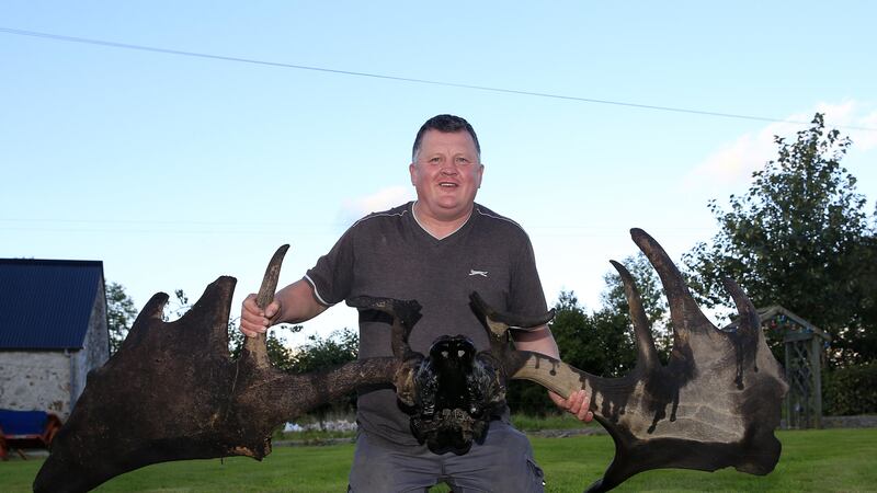Raymond McElroy with the antlers and skull of an Irish Elk recovered from Lough Neagh. Picture by Philip Walsh