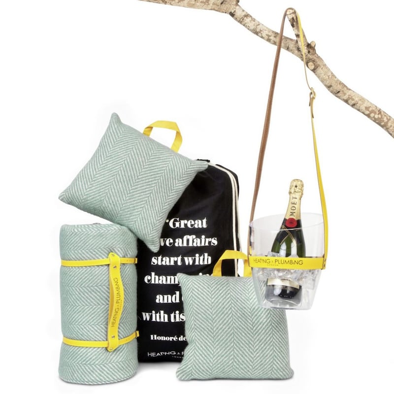 Heating and Plumbing London Pure New Wool Picnic Blanket in Mint Green and Yellow, matching Waterproof Outdoor Cushions in Pure New Wool, Keep Your Cool Champagne Bucket, Yellow Leather Strap, Heating and Plumbing