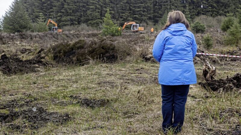 Dympna Kerr, the sister of Columba McVeigh, at Bragan Bog near Emyvale in Co Monaghan, during a search for his remains
