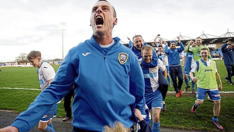Coleraine manager Oran Kearney celebrates his side&#39;s win over Glenavon in last year&#39;s Irish Cup semi-final. 