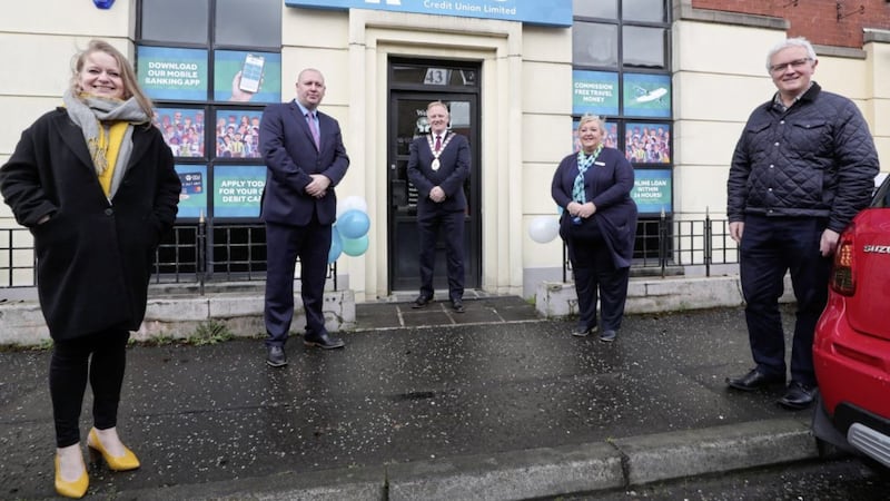 Pictured at the CCU opening in Holywood are (from left) MLA Rachel Woods, CCU business development officer John McGuinness, Ards and North Down mayor Trevor Cummings, CCU chief executive Ruth Clarke, and Councillor Martin McRandal. Picture: Kelvin Boyes / Press Eye  