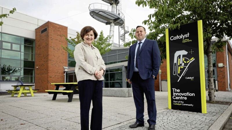 Trudy Parry (left) from Catalyst and Ian Edwards from EY, at the Catalyst Innovation Centre on Queen&rsquo;s Island in Belfast. 