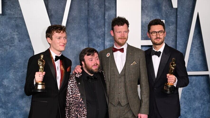 (Left to right) An Irish Goodbye co-director Ross White, actors James Martin and Seamus O'Hara and co-director Tom Berkeley following their Oscars win in March. Picture: Doug Peters/PA