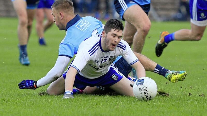 Monaghan&#39;s David Garland is taken down by Dublin&#39;s Jonny Cooper at Clones yesterday..Pic Philip Walsh. 