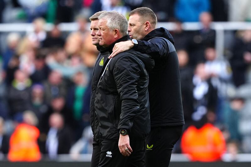 Sheffield United manager Chris Wilder (centre) looks dejected after the final whistle at St James’ Park