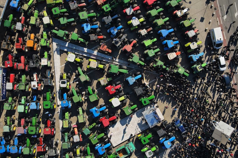 A farmers’ rally outside an agricultural fair in the port city of Thessaloniki, northern Greece, in early February (AP)