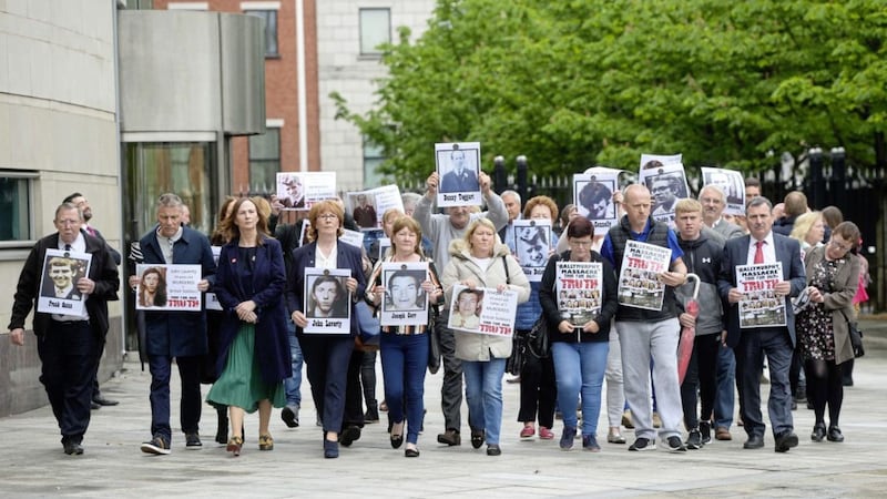 Families and freinds of those murdered during the Ballymurphy massacre arrive at The Laganside courts in belfast to hear Col Mike Jackson give evidence. Picture Mark Marlow. 