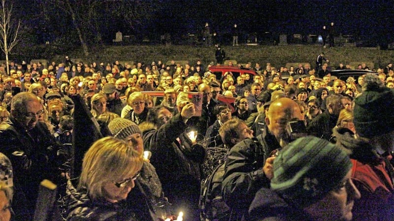 Martin McGuinness candlelight vigil at the site of the of RUC station on the Glen Road belfast Pic Philip Walsh. 