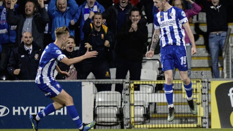 Jamie McGonigle (right) celebrates scoring for Coleraine against Crusaders. The Dungiven man has since moved to Seaview 