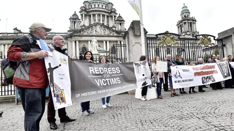 A protest by clerical abuse campaigners at Belfast City Hall yesterday ahead of the visit of Pope Francis to Ireland at the weekend. Picture by Colm Lenaghan/Pacemaker 