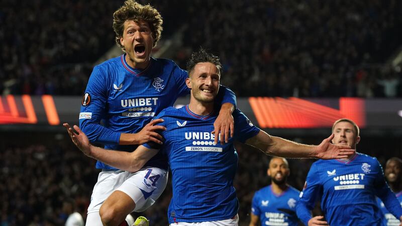 Rangers’ Sam Lammers and Ben Davies celebrate after Abdallah Sima scores (Andrew Milligan/PA)
