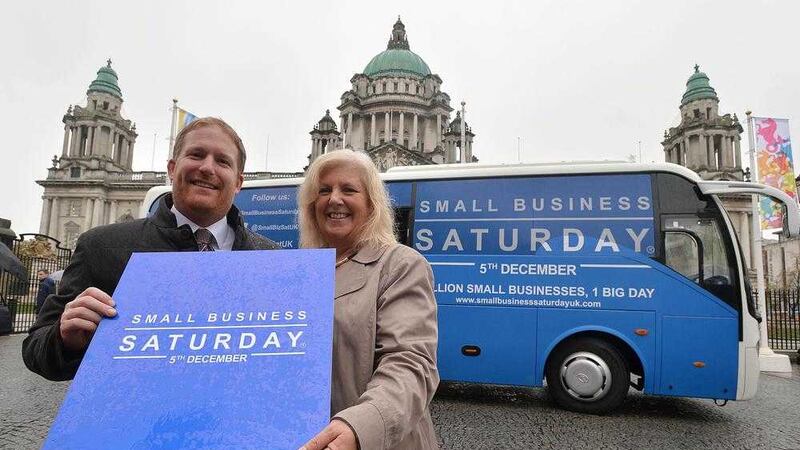 Belfast councillor Carole Howard and Ricky Armstrong from Ballyhackamore Business Association at the Small Business Saturday Bus&nbsp;