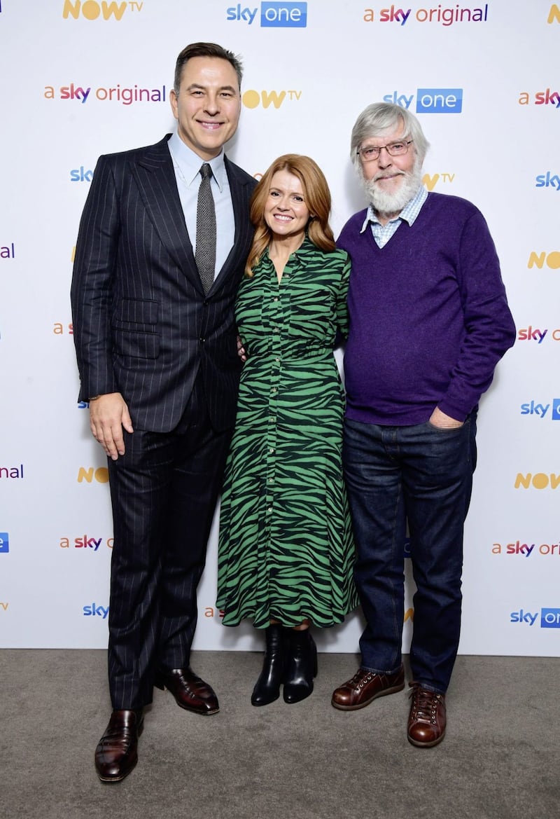 Sian Gibson, David Walliams and Sir Tom Courtenay in Cinderella: After Ever After, on Sky One and Now TV, at the Bulgari Hotel in London. See PA Feature SHOWBIZ Christmas Walliams. Picture credit should read: Ian West/PA Photos. WARNING: This picture must only be used to accompany PA Feature SHOWBIZ Christmas Walliams. 