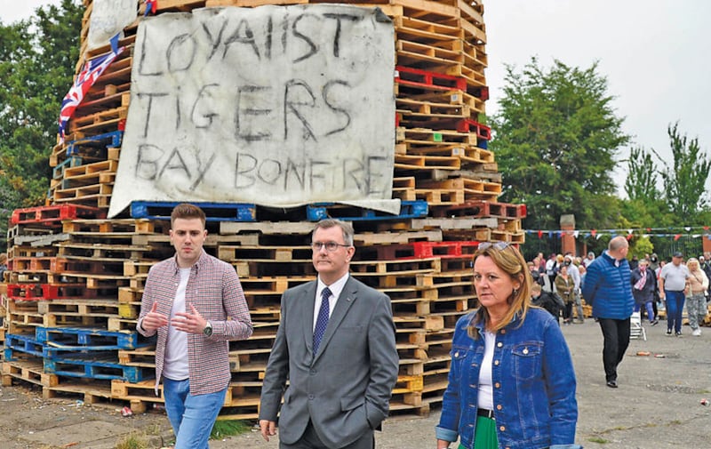 DUP leader Sir Jeffrey Donaldson and his deputy Paula Bradley visited<br />Adam Street bonfire in the Tigers Bay area of north Belfast in the run up to the 12th July. Picture by Arthur Allison/Pacemaker&nbsp;