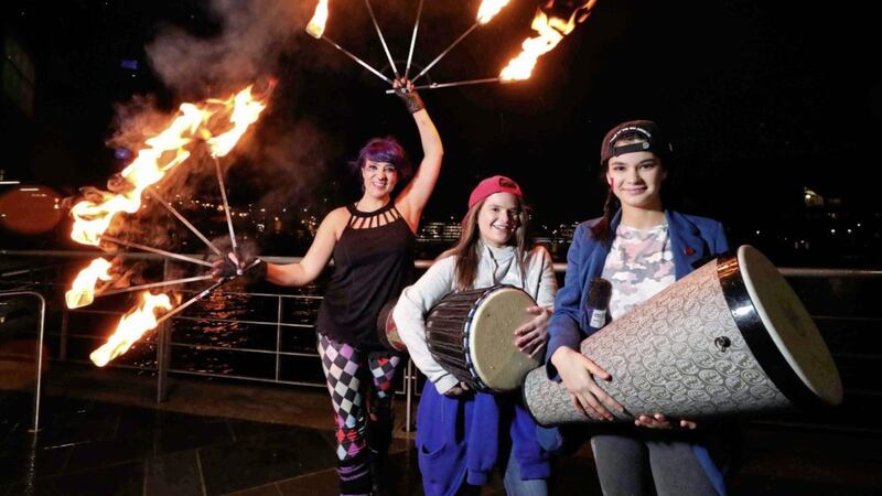 Destinee Ruddell from Cookstown and Lana Nuttall from Maghaberry with performance artist Cleo Wallace 