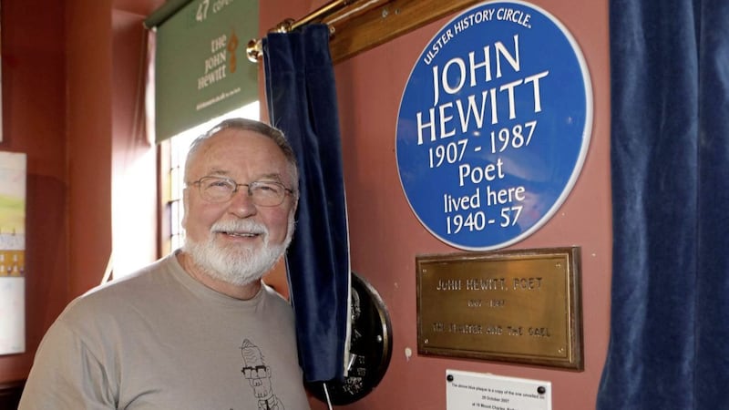 John Hewitt Society chairman Tony Kennedy pictured unveiling a blue plaque to the Belfast poet at the pub named after him on Donegall Street in 2017 