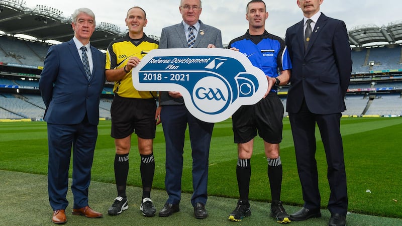 Pictured at the GAA's Referee Development Plan launch is Uachtar&aacute;n Chumann L&uacute;thchleas Gael John Horan, with, from left:&nbsp; Sean Martin, Vice-Chairman of Coiste Forbartha na R&eacute;iteoir&iacute;, Conor Lane (referee), James Owens (referee) and Patrick Doherty, National Match Officials Manager,&nbsp; at Croke Park, Dublin. Picture by Sam Barnes/Sportsfile&nbsp;&nbsp;