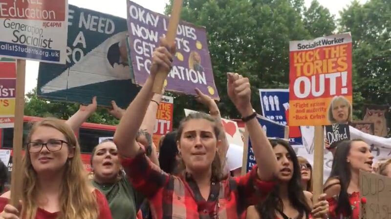 &nbsp;Organised by women's activist groups, the rally called people onto the streets to show their opposition to the Northern Ireland party which is opposed to same-sex marriage.