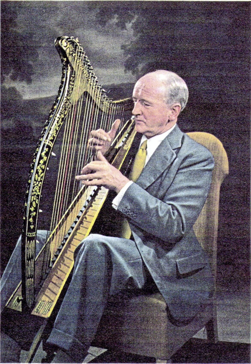 Richard Hayward in characteristic pose playing the harp which he was taught by nuns at a convent in Co Antrim 